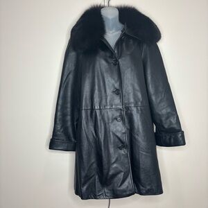 Marvin Richards Black Genuine Leather Jacket long coat Fur Trim large retro goth